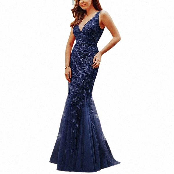 Manches longues col en V Tulle paillettes queue Dres V-back sirène fête robes de bal Plus Dres femme soirée soirée dr K79R #