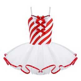 Robe Tutu rayée sans manches à bretelles réglables avec nœud papillon pour enfants filles robe de patinage artistique de gymnastique Costume de danse de Noël G10224I