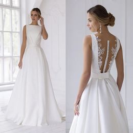 Robe de mariée en Satin froncée, sans manches, col bateau, ligne A, boutons au dos, ceinture avec nœud papillon, Mariage de jardin, 328 328