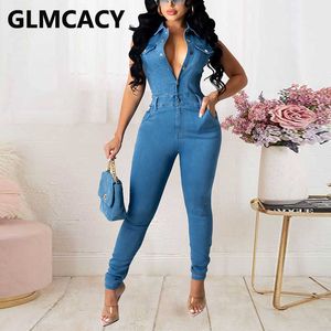 Botón sin mangas Down Skinny Denim Jumpsuit Verano Chic Jeans Streetwear Overly 210702