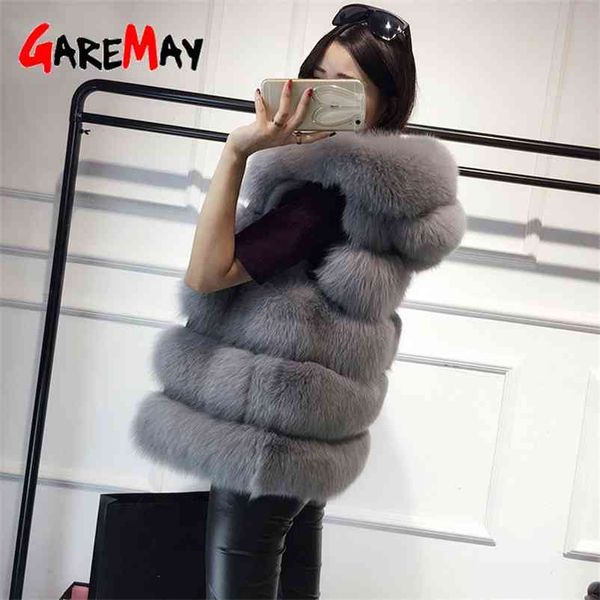 Sans manches fausse fourrure gilet femmes hiver décontracté long manteau Femme solide faux renard à capuche pardessus pour femmes Femme 210428