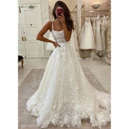 Vestido de novia de encaje sin mangas, playa, mujer, ilusión, apliques en la espalda, tirantes finos, corte en A, vestido de novia de tul