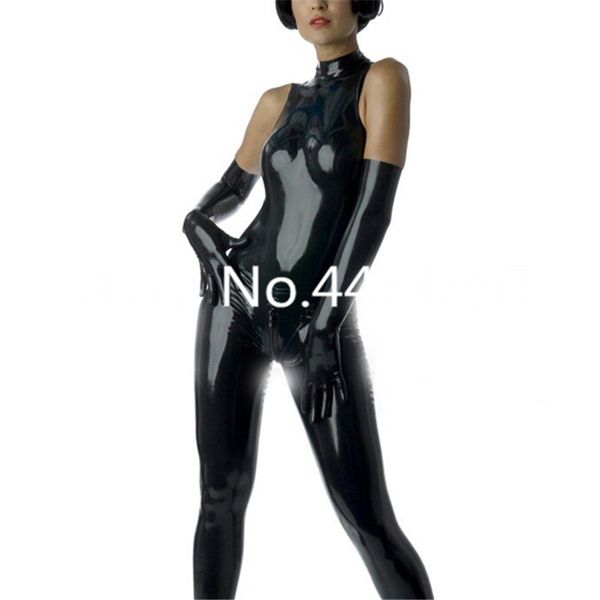 Catsuit de látex sin mangas para mujer, leotardo ajustado negro Sexy, disfraces de látex con cremallera trasera (sin guantes)