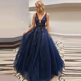 Mouwloze marineblauw Long prom jurken Vestidos de festa Een lijn sexy kanten bodice avondjurk feestjurk