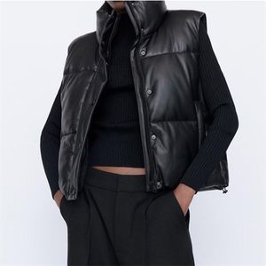 Mouwloze parka jas winter vrouwen jas stand kraag top verstelbare zoom PU lederen vest vrouwen jassen vrouwelijke vest 210923