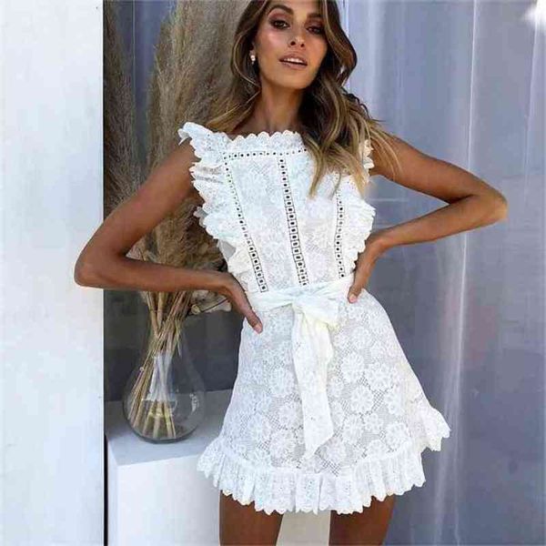 Robe de soirée sans manches blanc solide coton brodé volants été es dame ceinture noué nœud Chic femmes Mini 210603