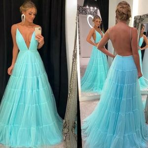 Mouwloze hemelblauwe prom jurk strand dames v-neck vermoeide tule formele avond feestjurken vestidos de novia