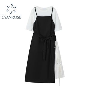 Mouwloze split jurk vrouwen casual patchwork losse o-hals dagelijks Koreaanse stijl nep tweedelige zomer chic jurken vrouwelijke 210515