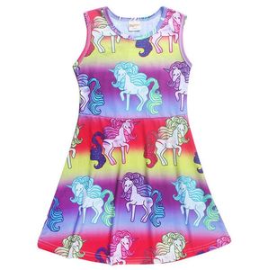 Vestido de princesa sin mangas con estampado de unicornio para niños pequeños, niñas, arcoíris, fiesta informal, minivestido, regalo de Navidad EEA44