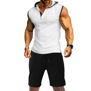 Mouwloos vest, shorts, t-shirt, solide kleur met capuchon met heren casual sportwafelset M514 49
