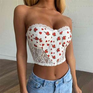 Mouwloze witte kant Crop Top Women Off The Shoulder Summer Tulle Blouse Shirts Sexy Floral Print Short Tops 210427