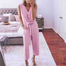 Mouwloos Wide Been Pink Jumpsuits Womens Rompertjes Chique Streetwear Button Casual Overalls V-hals Pocket 210427