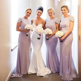 Mouwen 2020 Nieuwe jurk Lilac bruidsmeisje afgedekt elegante zeemeermin sweep trein chiffon juweel nek kralen taille op maat gemaakte bruidsmeisje jurk