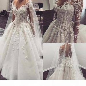 Mouwen jurken lang prachtig met D Bloem Applique Illusion Covered Knoppen terug op maat gemaakte trouwjurk Vestido de novia