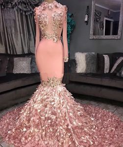 Mouwen Elegant Long D Floral Mermaid Pink Prom Dresses Black Girls Court Train Plus Maat Afrikaanse afstudeerjurk Avondjurk Ress Ress