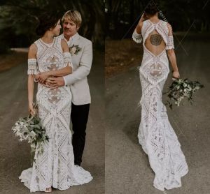 Manches magnifiques robes de mariée de sirène courte robe nuptiale plus taille boho sweep train dentelle applique vestidos de novia mariee 2022