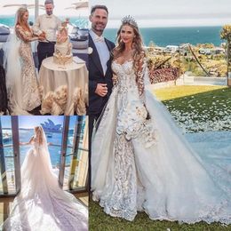 Mouwen zeemeermin bescheiden met 2021 jurken lange afneembare kapeltrein plus maat kanten applique kristal trouwjurk vestido de novia