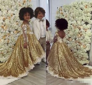 Garnières paillettes longues Gold Flower Girls Robes Illusion Jewel Neck Lace Applique sur mesure petite fille princesse Princesse Robe de fête