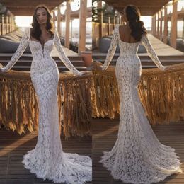 Mouwen lieverd kanten jurken zeemeermin lange elegante trouwjurk vegen trein gewaad de mariee bruidsjurken
