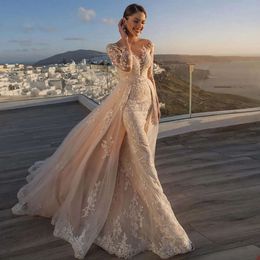 Mouwen v-neck mermaid glamoureuze jurken bruiloft lange kant en hele lichaam aanvragers backless ritsjurk jurk op maat gemaakte plus size vestidos de novia
