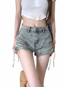 Slergiri Trekkoord Side Denim Shorts Vrouwen Sexy Y2k Streetwear Hoge Taille Casual Zomer Koele Korte Jeans Vrouwelijke Kleding H5uT #