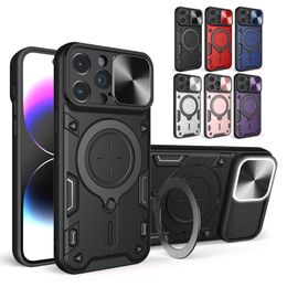 Slide Camera Lens Armor Schokbestendig Metalen Ring Beugel Stand Magnetische hoesjes Heavy Duty Cover Voor iPhone 15 14 13 12 11 Pro Max 14 Plus Google Pixel 8 Pro