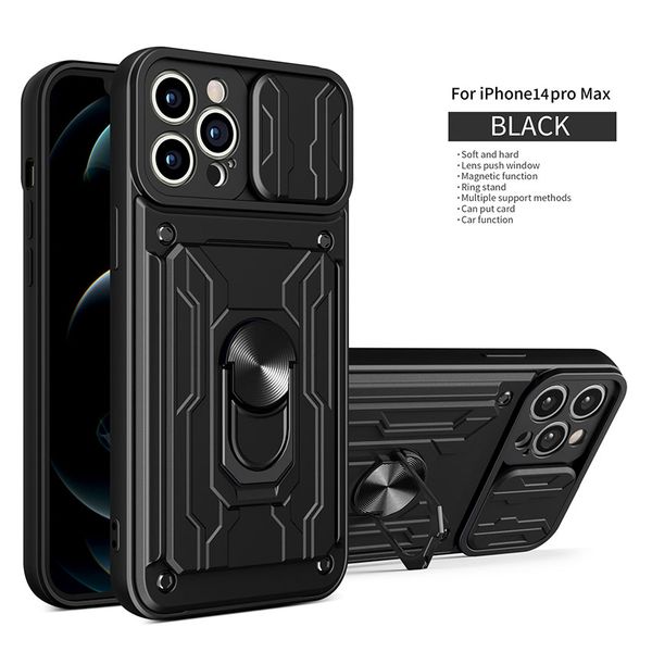 Deslice la lente de la cámara Proteger las cajas del teléfono para iPhone 14 13 11 12 Pro Max Mini XS Max XR X 7 8 Plus SE Parachoques de grado militar Armor Cover titular de la tarjeta