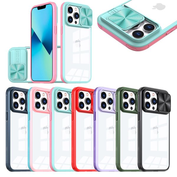 Cajas de teléfono a prueba de golpes con cámara deslizante para iPhone 15 Pro Max 14 Plus 13 12 11 ProMax Crystal Clear Armor Hybrid Acrylic TPU Funda para teléfono móvil Shell