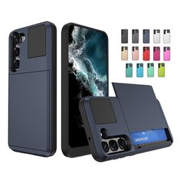 Schuifkaart slot portemonnee cases hybride tpu pc schokbestendige dual layer back cover voor iPhone 14 13 12 11 pro xr xs max 8 samsung s23 ultra s22 plus s21 s20 fe noot 10 20