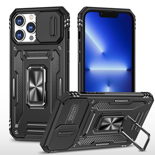 Caja de la cámara con lente deslizante Cubierta del teléfono para iPhone 15 14 Plus 13 12 11 Pro Max XR XS Max Samsung S23 Plus Ultra A33 A53 A73 5G Armor Kickstand Cubierta trasera a prueba de golpes