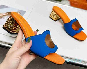 Pantoufles à glissière sandale sandales plates pantoufle en cuir tongs de plage décontractées curseurs en daim bleu et orange pour dames