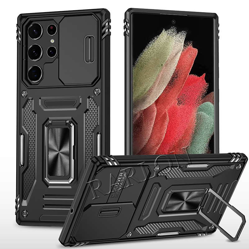 Étui d'armure d'anneau de fenêtre coulissante étui de téléphone de béquille magnétique avec support d'anneau pour IPhone 15 Pro Max Samsung S23 Ultra S22 S21 FE S20 A03 A14 A24 A34 A54 5G A33 A53 A73