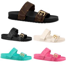 Slide Women Bom Dia Comfort Flat Sandals Designer Luxe hoogwaardige lakcanvas lederen verouderingsprint Clasp Monogrammen slippers