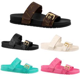 Slide Mujer BOM DIA COMFORT Sandalias planas Diseñador Lujo Alta calidad Laca Lona Cuero Envejecimiento Estampado Broche Monogramas Zapatillas