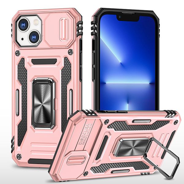 Protección de lentes deslizantes Cajas de teléfono Soporte de anillo de metal para iPhone 14 Pro Max 13 11 XS XR 8 Armadura multifuncional Resistente a caídas Cubierta a prueba de golpes Cáscara dura