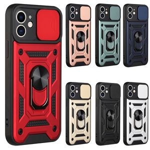 Étuis de téléphone à fenêtre coulissante Armure Béquille magnétique Couverture arrière Protecteur de support de doigt à 360 degrés pour iPhone15 14 13 12 pro max mini 11 Xs XR 7 8 plus Samsung S23Ultra