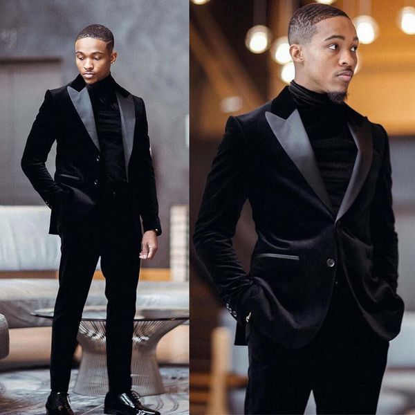 Slim African Black Velvet Wedding Tuxedos 2023 Coat And Pant Boyfriend Trajes de hombre para traje de boda Peaky Blinders Fitted Tuxedo Man Plus Size Groom Suit Boho