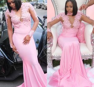 Slim verbazingwekkende bescheiden roze prom -jurken voor Afrikaanse meisjes Mermaid High Neck Sheer Sleeve Appliques Illusie Top Lange avond feestjurken 330