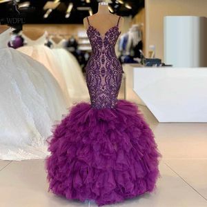 Slim and Flare Dark Purple Trompeta Vestidos de baile Correas de espagueti Elegantes mujeres de encaje Ocasión formal Vestidos de fiesta Tulle Ruffles Fishtail Falda Ropa de noche CL1918