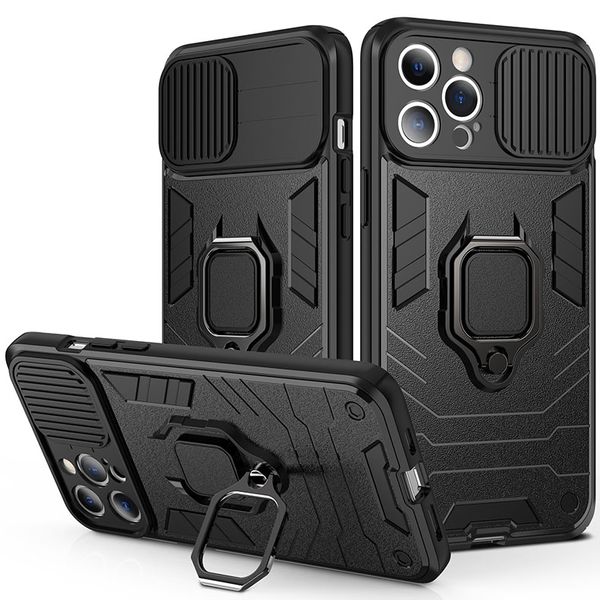 Cajas del teléfono 2 en 1 Protección a prueba de golpes para iPhone 14 Pro Max 13 12 con cámara Push Pull Cerrar Ventana Coche Soporte magnético Anillo Cubierta protectora