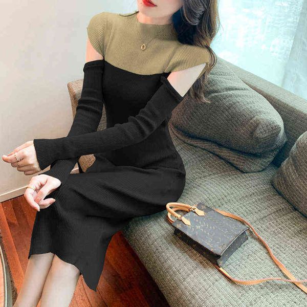 Slim sac hanche coréen couleur correspondant pull robe tricotée 2021 automne confortable fente dos robe en tricot élégant vêtements femmes Y1204
