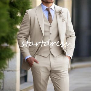 Slim Beige Tuxedos De Mariage 2024 Peak Revers Hommes Blazers Gilet Ajusté Marié Hommes Costumes De Mariage Causal Bal Sur Mesure 3 Pièces Coréen Marié Mâle Tenue Costume