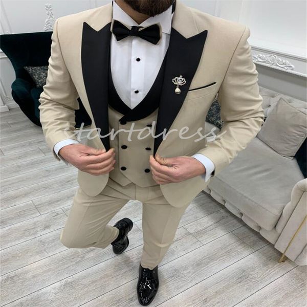 Slim Beige Wedding Tuxedos 2024 Peak Lapel Fitted Men Blazers Chaleco Novio Trajes de hombre Causal Prom A medida 3 piezas Male Bussiness Slim Outfit Suit