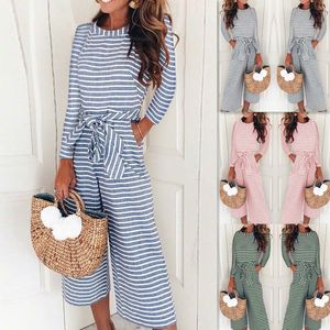 Slim Bow Lace Up Striped O Neck Monos Mujer Manga larga Pierna ancha Pantalones rectos Casual Office Lady Monos elegantes 5 colores 210507