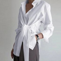 Bouton mince chemise blanche femmes hauts à la mode chemise de bureau en coton chemisier à manches longues en vrac femme froncé à lacets chemisier solide 18659 240118