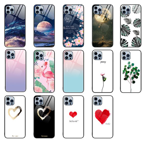 Funda delgada de cristal templado con corazón de amor para iPhone, carcasa trasera dura de TPU a prueba de golpes para iPhone 15 Pro Max 14 13 12 11 XR X 8 7 Plus