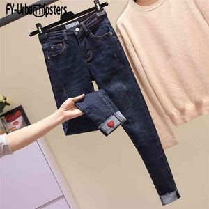 Slanke elastische jeans potlood vrouw manchetten hartvormige patch vrouwen mode mid taille feminina enkellange broek 210809