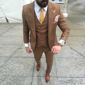 Slim Fit Brown Bruidegom Tuxedos Piek Revers Groomsmen Mens Trouwjurk Uitstekende Man Jacket Blazer 3 Stuk Suit (Jas + Broek + Vest + Tie) 1764