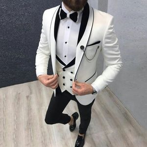 Slim Fit Casual Men Suits 3 Piece Groom Tuxedo for Wedding Prom Burgundy and White Male Fashion Costume Jacket Waistcoat Pants