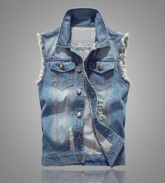 Slim Fit Cowboy Mannelijke Jas Vest Gescheurd Denim Vest Men039s Jas Mouwloos Casual Vest Heren Jean Jas 5XL2820164